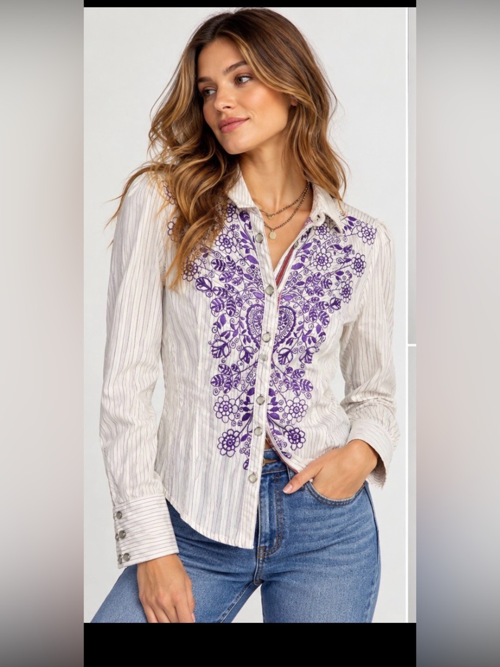 Johnny Was Embroidered Floral Pinstripe Button Down Shirt Purple Boho West Rodeo